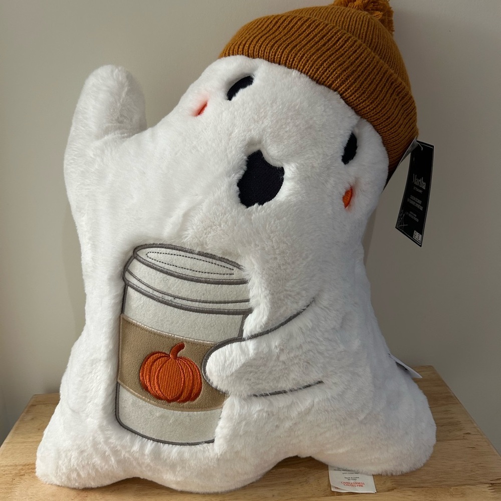 Martha Stewart White Ghost Pillow with Pumpkin Spice Coffee Latte Orange Beanie